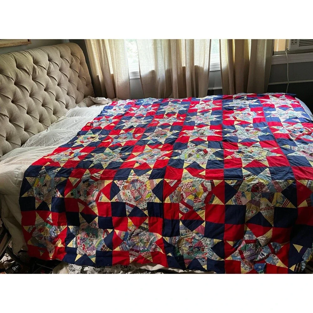 Vintage Handstitched Quilt Topper Red Navy Star Pattern Cottage core 82” x 71”